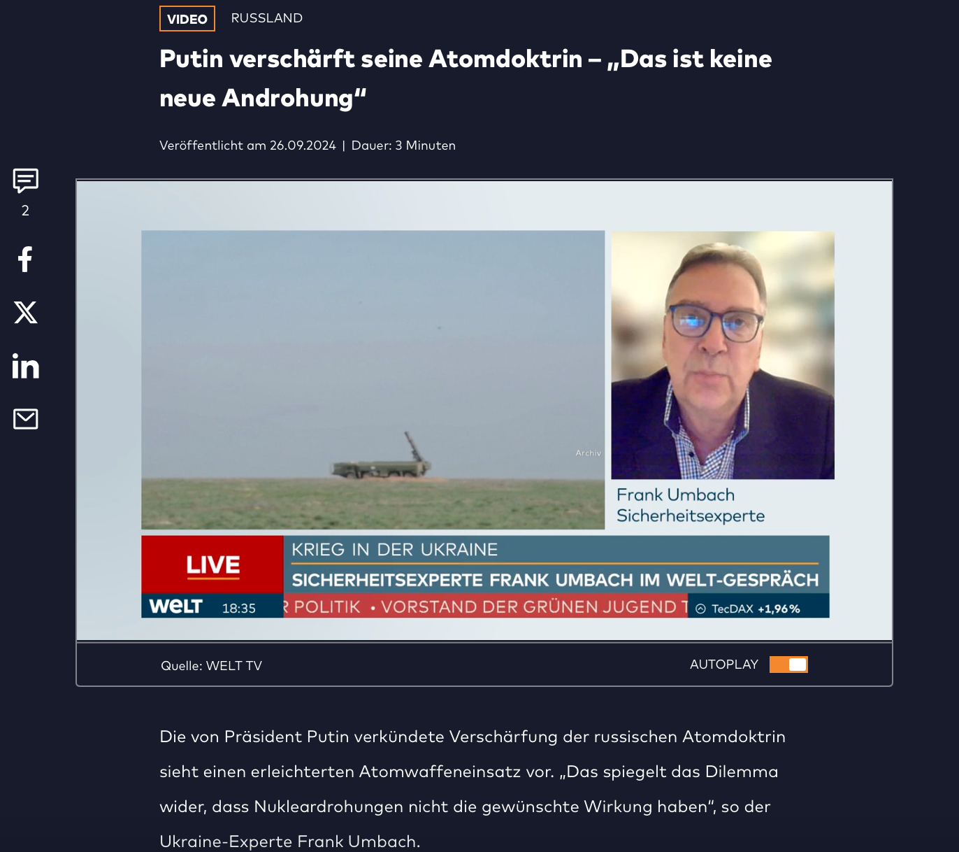 Dr. Frank Umbach im Welt-TV-Interview zur russischen Atomdoktrin